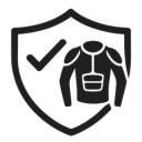 Icon of a protective shield with a checkmark and padded jacket, representing advanced protection in abrasion-resistant, reinforced motorcycle suits for kids.