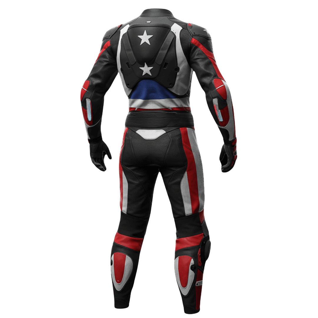 Motorcycle leather suit with American flag design on a white background