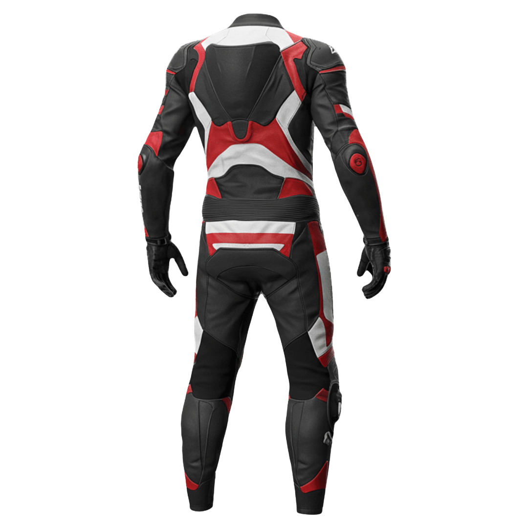 Black, red, and white leather motorcycle suit on a white background