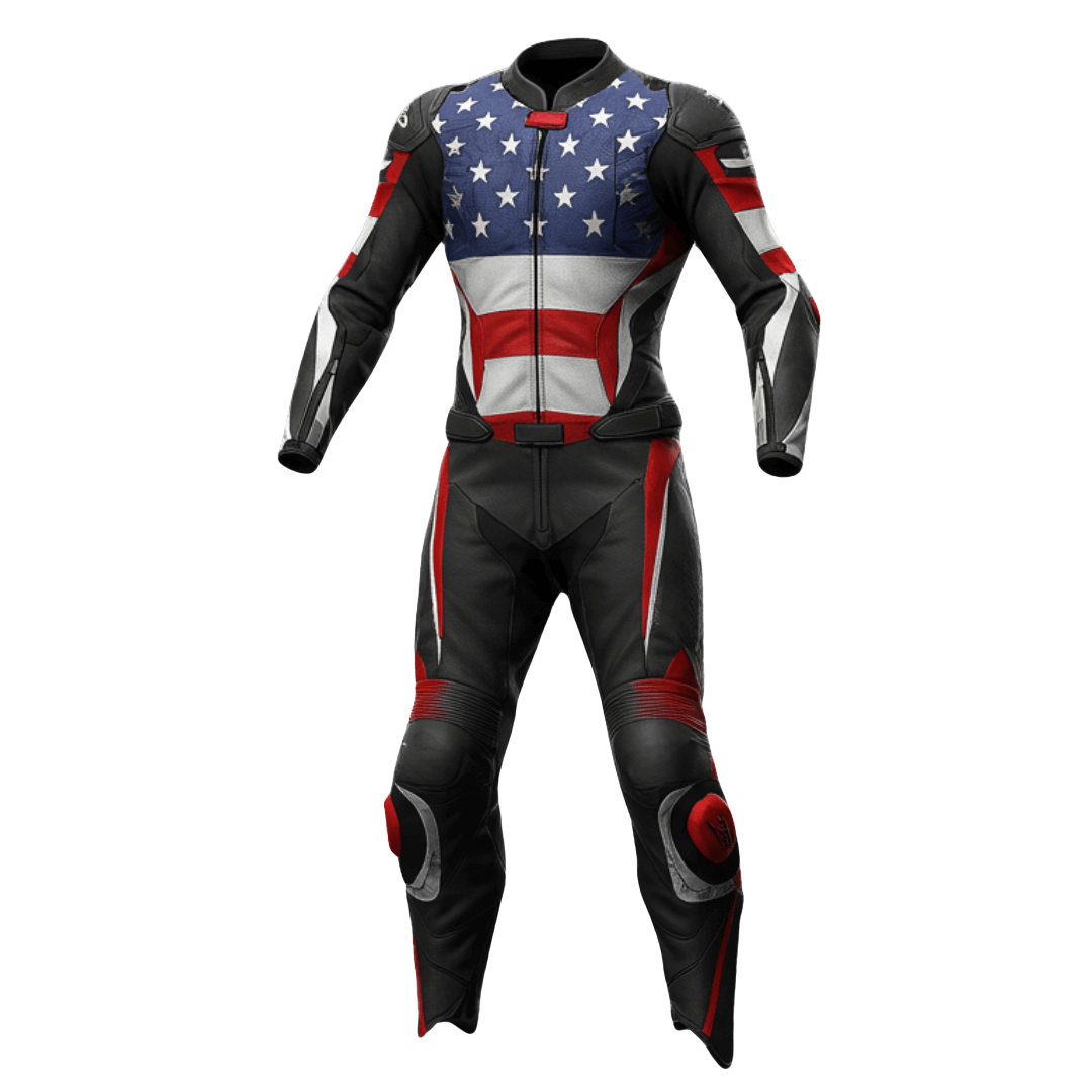 Motorcycle racing suit with American flag design on a white background
