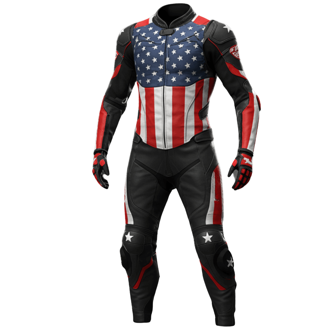 Motorcycle leather suit with American flag design on a white background