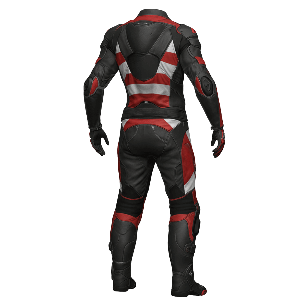 Black and red motorcycle suit on a white background