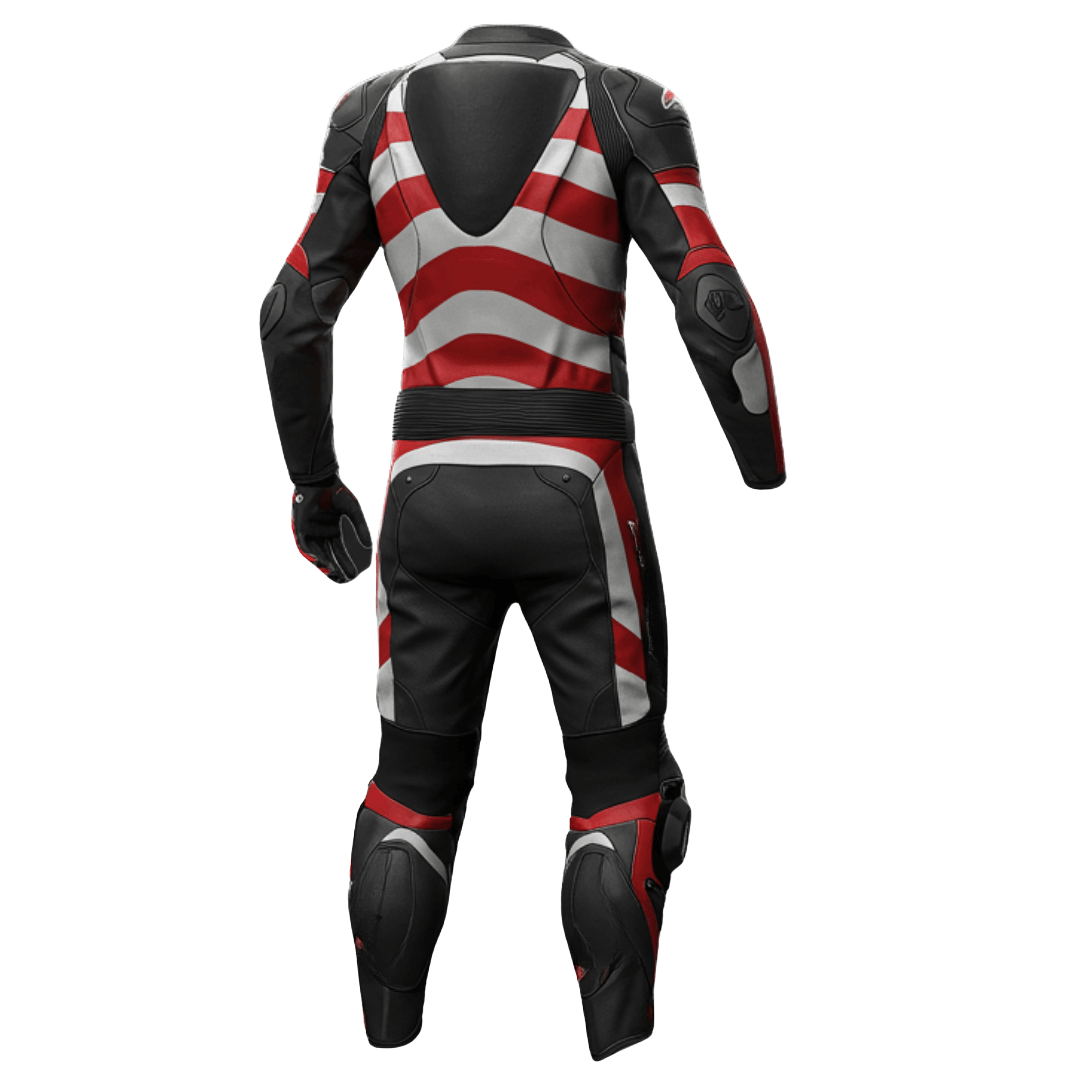 Black, red, and gray motorcycle suit on a white background