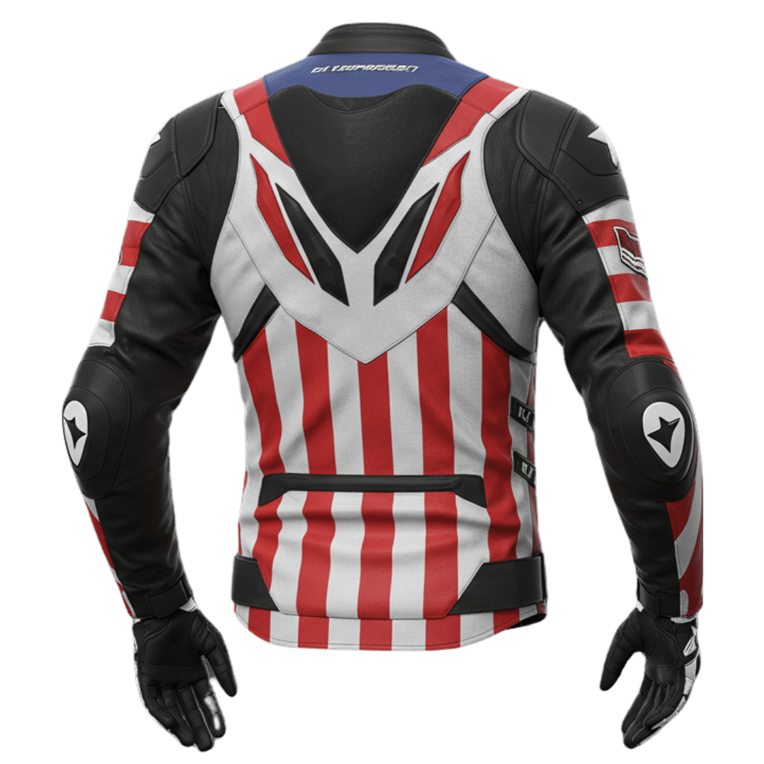 Back view of a leather motorcycle jacket with a patriotic American flag pattern and sleek black leather details.