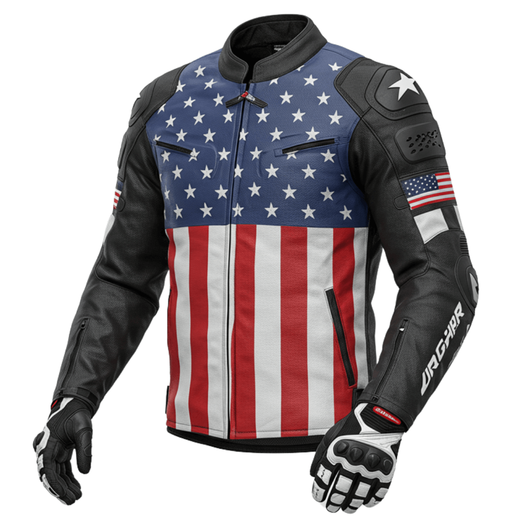 A black leather motorcycle jacket featuring a bold USA flag design with stars on the chest and stripes running vertically.