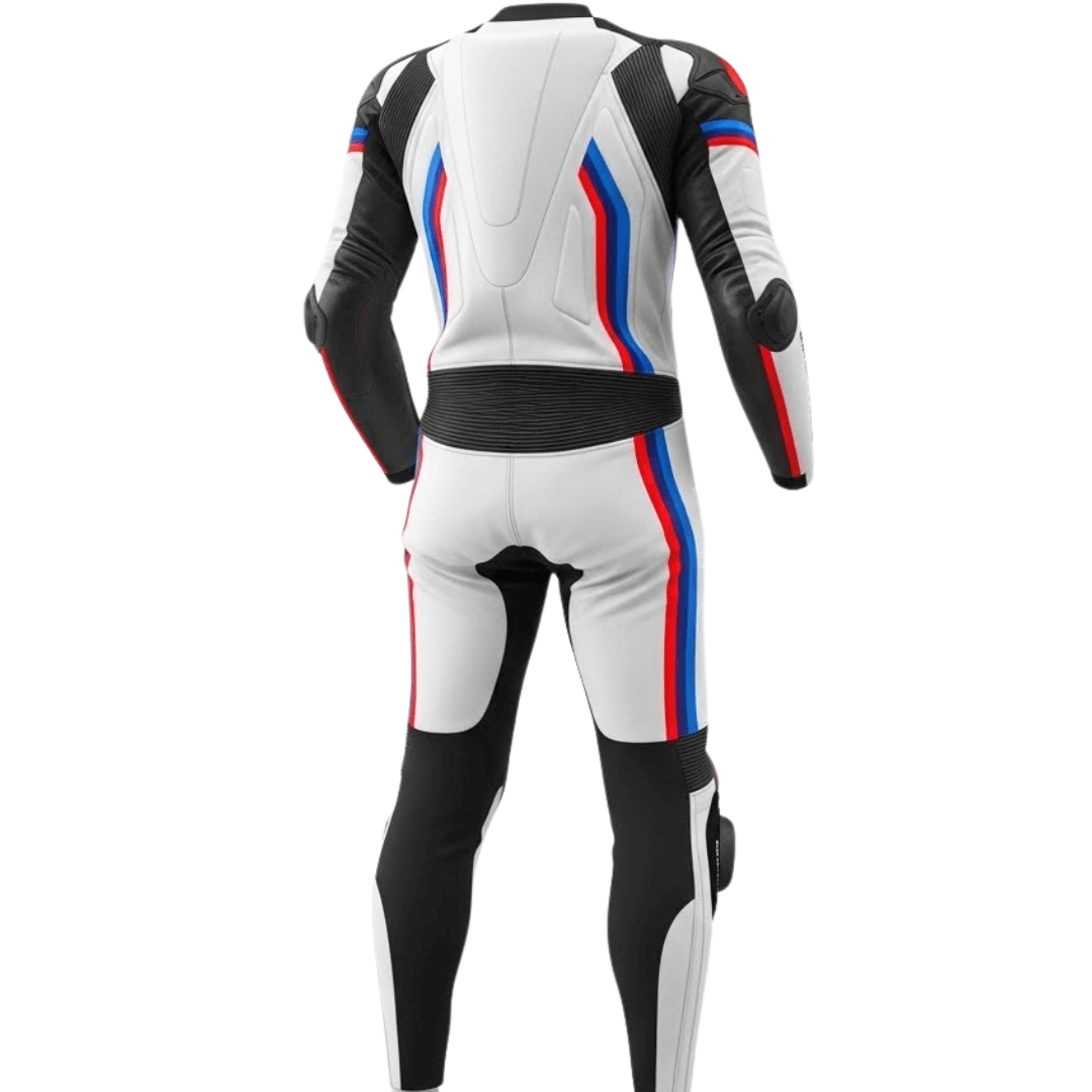 Motorcycle racing suit with white, black, and red design on a white background