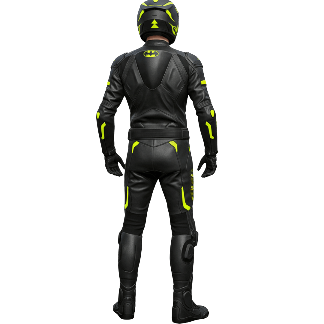 Black motorcycle suit with yellow accents on a white background