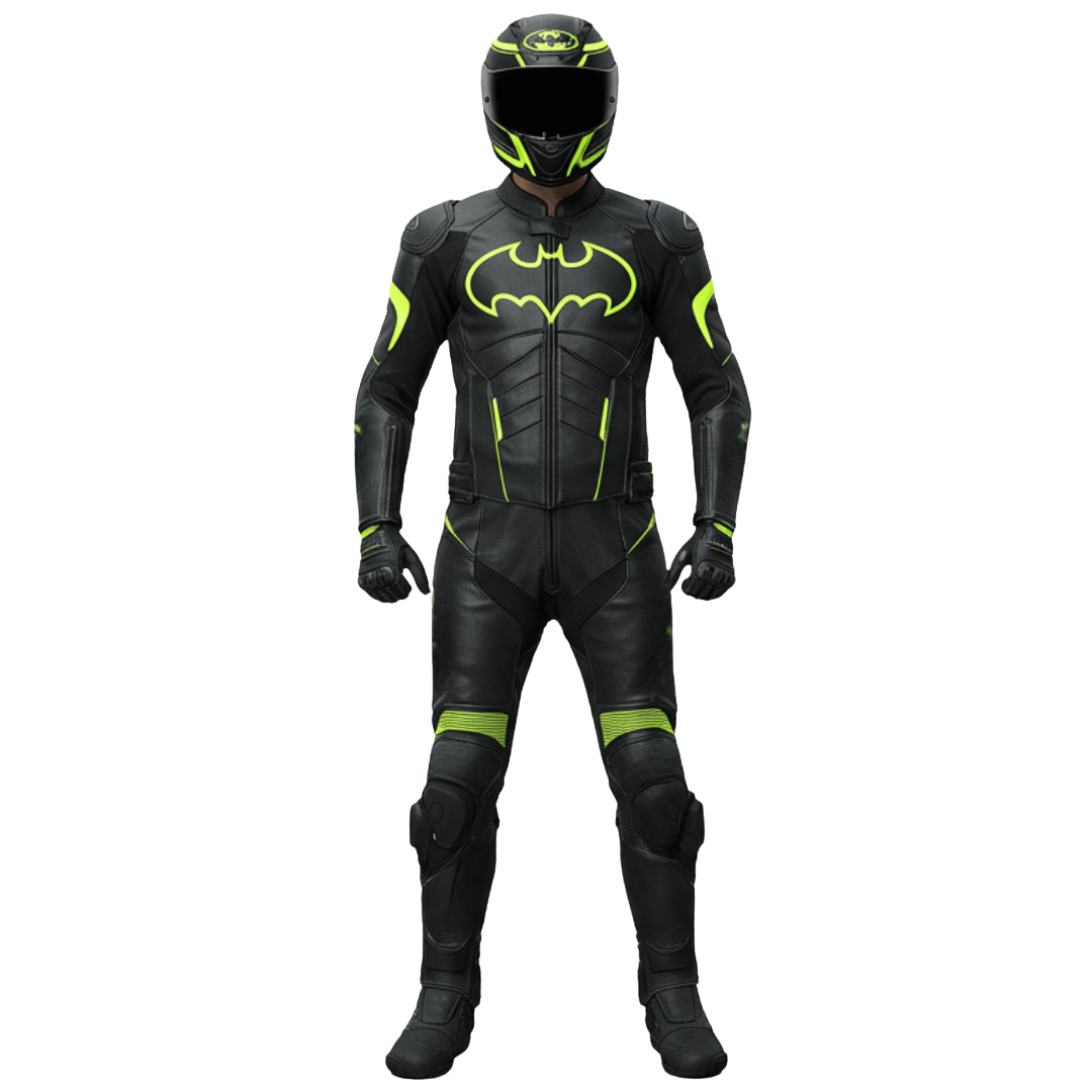 Black motorcycle suit with green accents and a Bat logo on a white background