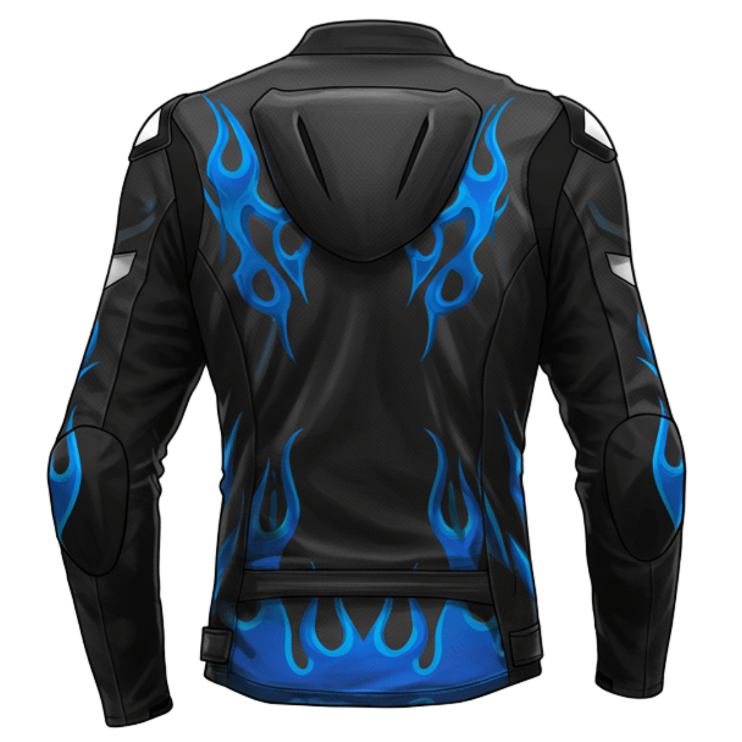 Back view of a black motorcycle jacket with blue flame graphics, hood, and padded shoulders for added protection.