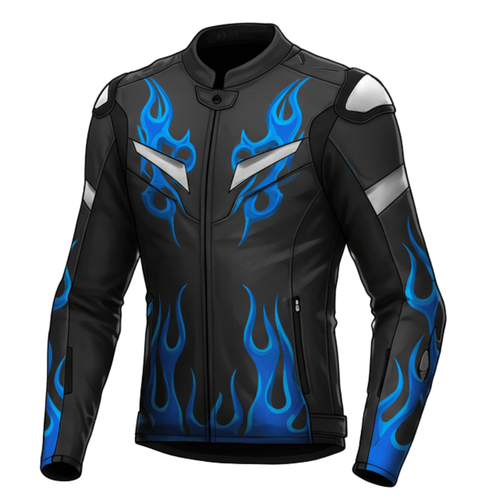 Black motorcycle jacket with blue flame design on the front, featuring reflective accents and armored shoulders.
