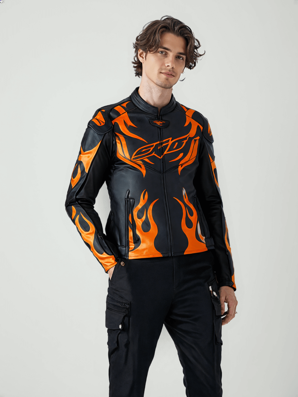 Side view of a flame-designed black motorcycle leather jacket showcasing protective padding and sleek styling.