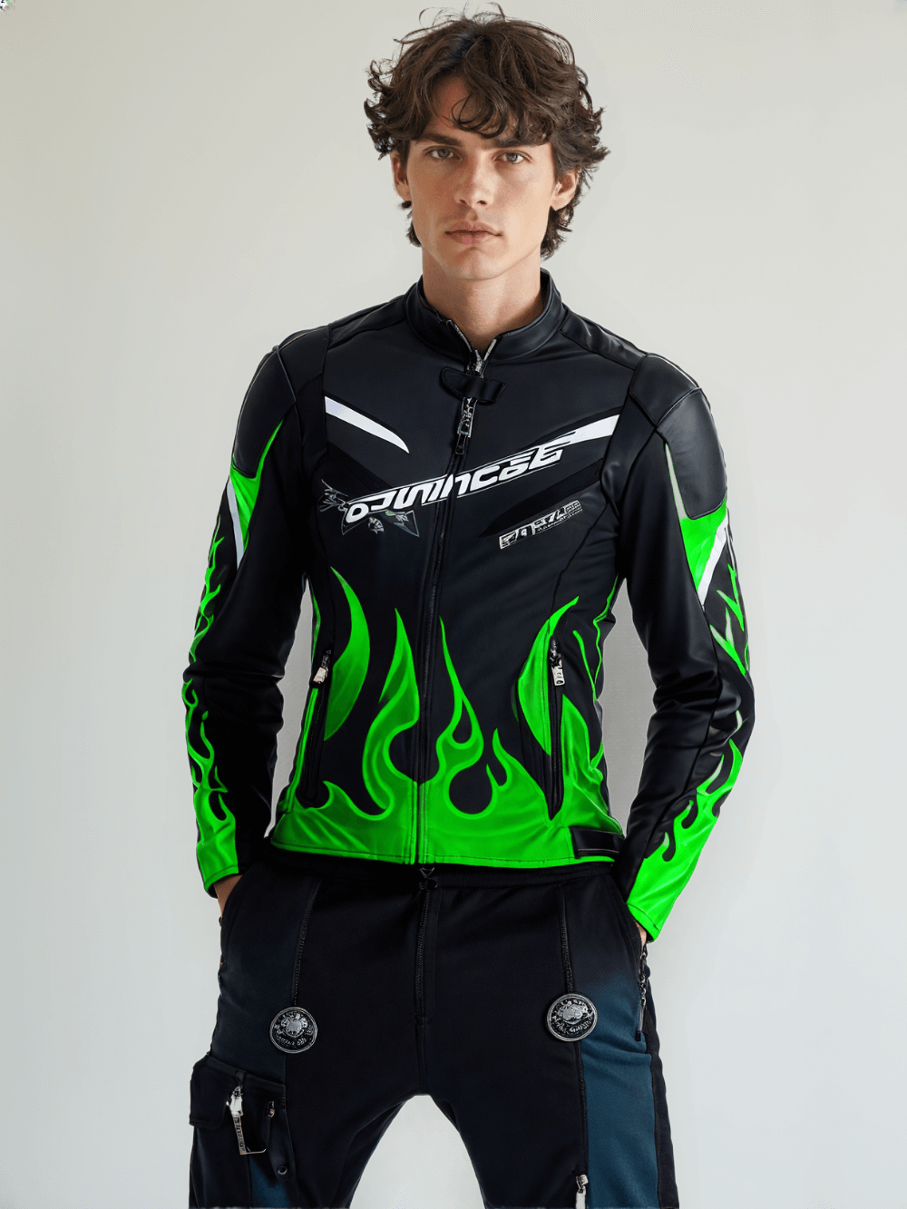 Protective and stylish Kawasaki-inspired riding jacket with zippered pockets, adjustable straps, and reinforced padding.
