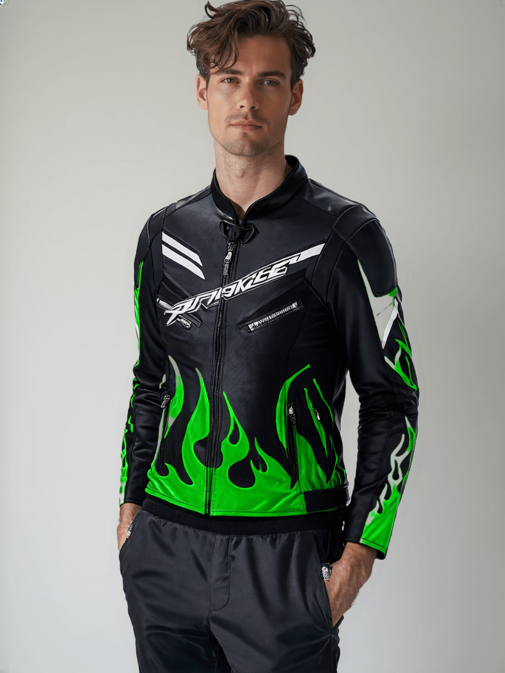 Close-up of high-quality leather motorcycle jacket with bold green and black racing aesthetics.