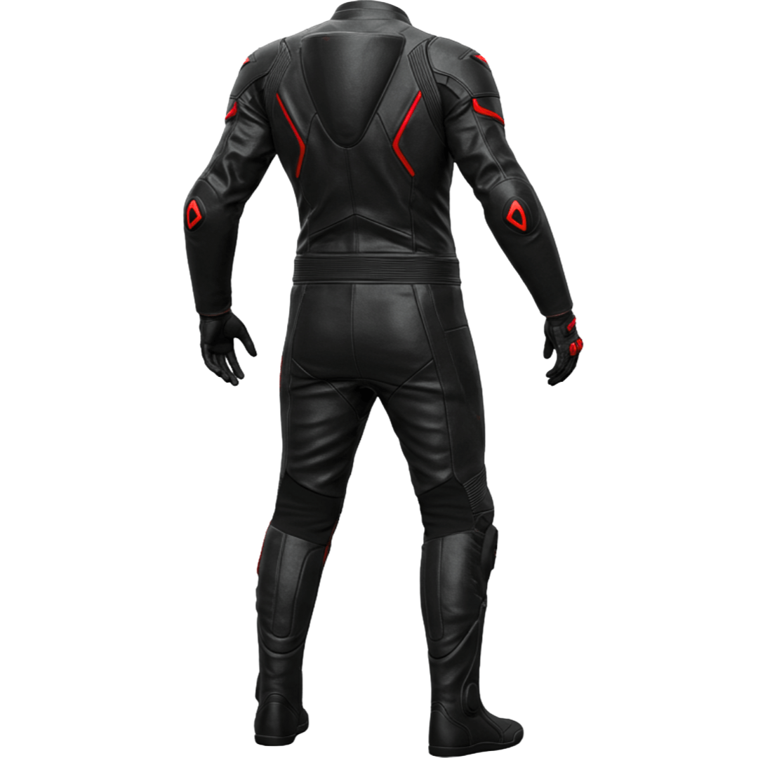 Black leather motorcycle suit with red accents on a white background