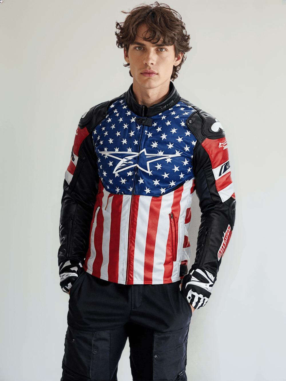 Close-up of a USA flag-inspired leather racing jacket, highlighting the stars and stripes pattern on the front and back.