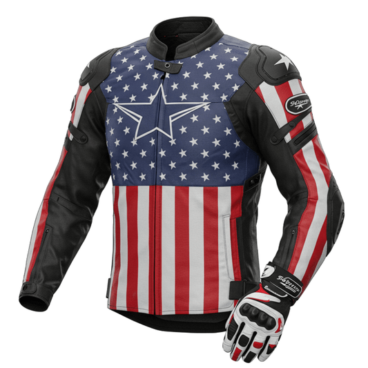 Front view of a motorcycle jacket with an American flag design, featuring stars, stripes, and protective padding.