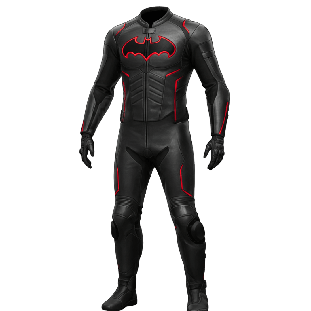 Black superhero suit with red accents on a white background