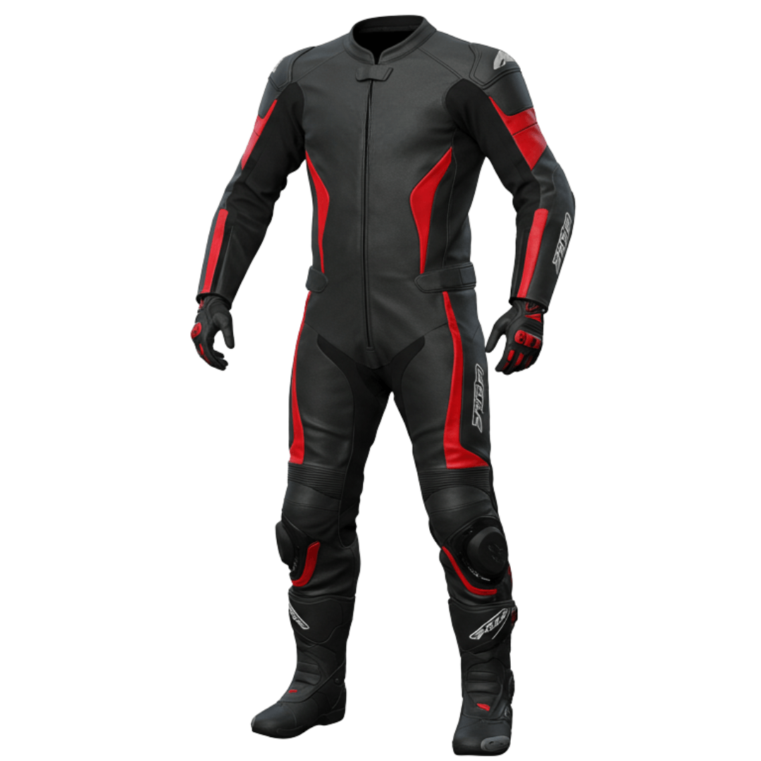Rider wearing a premium black and red motorcycle leather suit on a sportbike