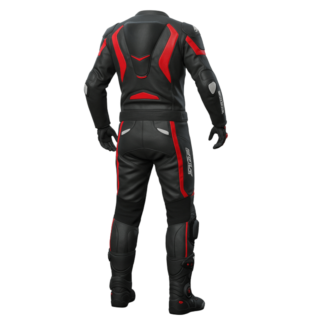 Close-up of premium black and red leather suit with protective padding details