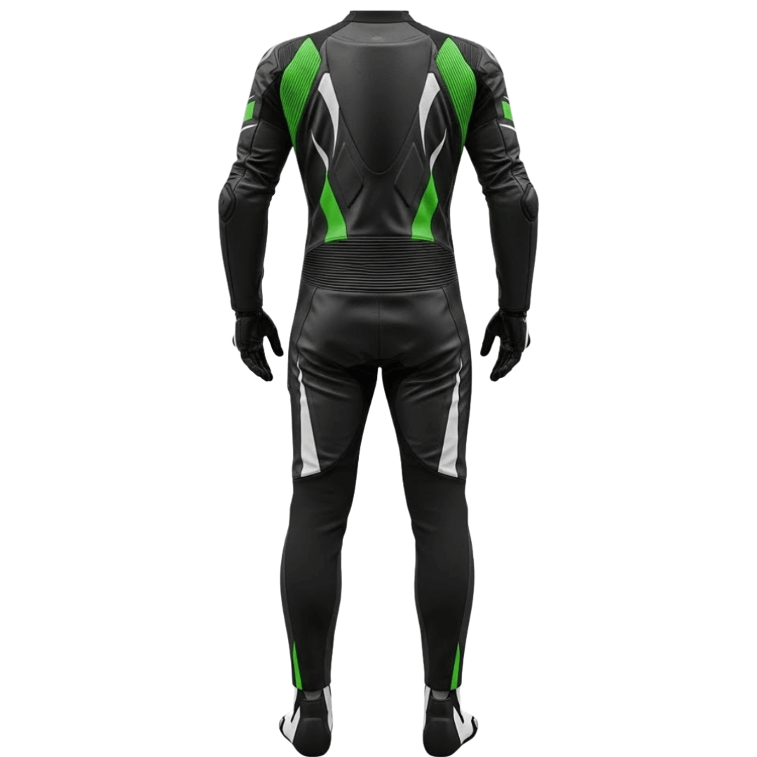 Black motorcycle racing suit with green accents on a white background
