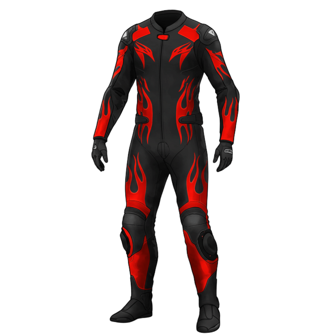 Black and red flame-patterned motorcycle suit on a white background