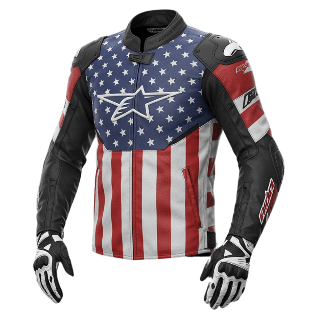Front view of a leather motorcycle jacket featuring the American flag design, with black leather sleeves and protective padding.