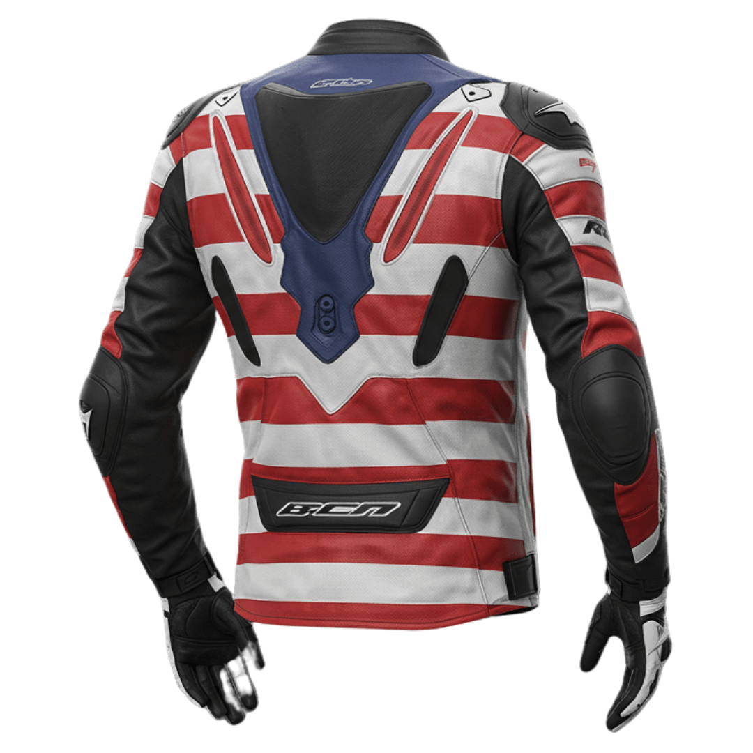 Back view of a red, white, and blue leather motorcycle jacket with American flag stripes and added protective armor.