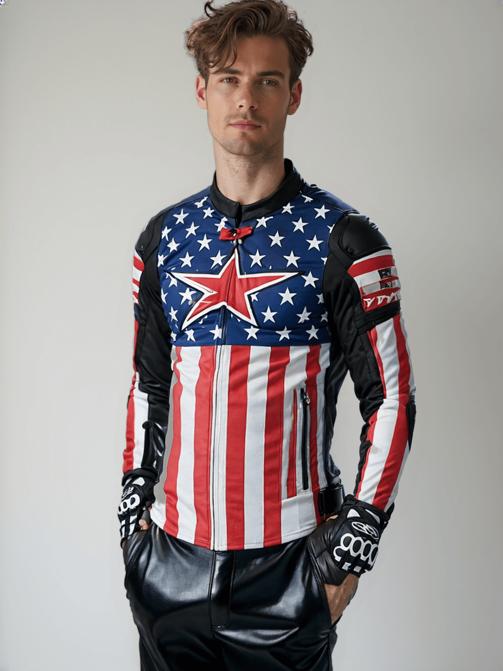 Sporty motorcycle jacket with the USA flag design, perfect for racing and protection.