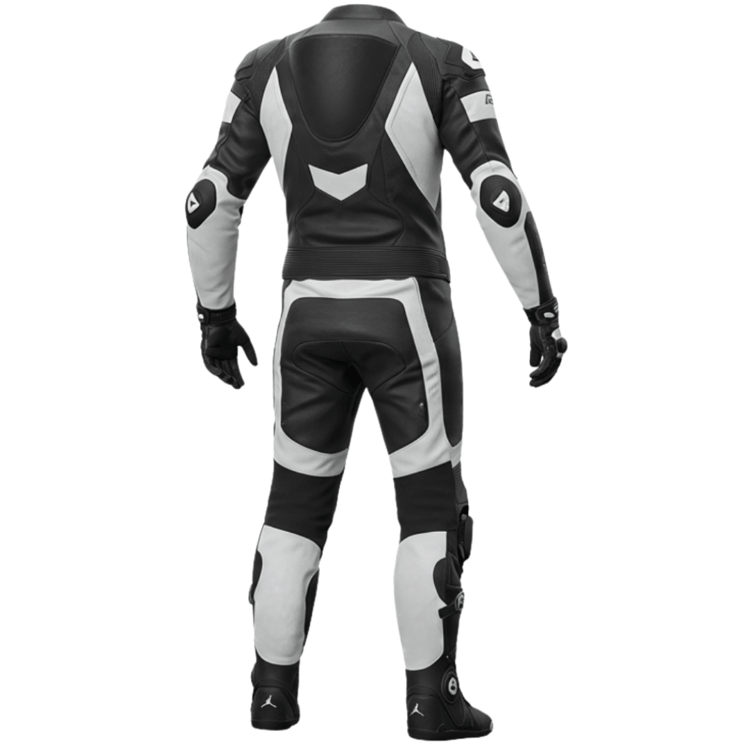 Black and gray motorcycle suit on a white background