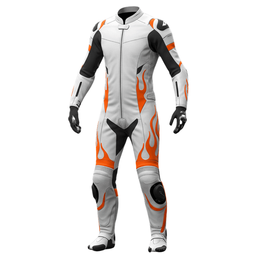 White and orange leather motorcycle racing suit made from genuine cowhide or kangaroo leather with high-impact protection