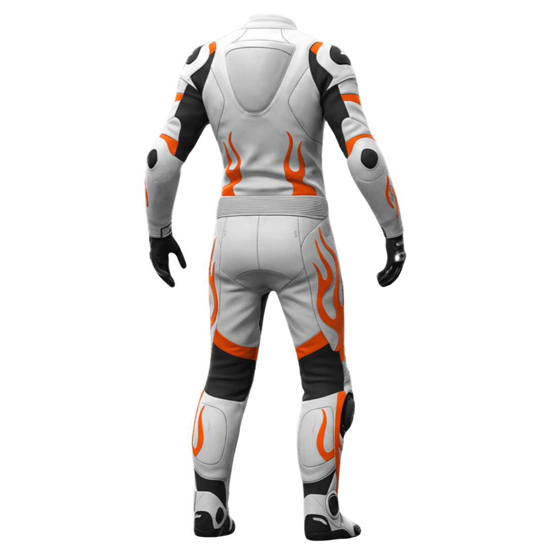 Motorcycle racing suit with flame design on a white background