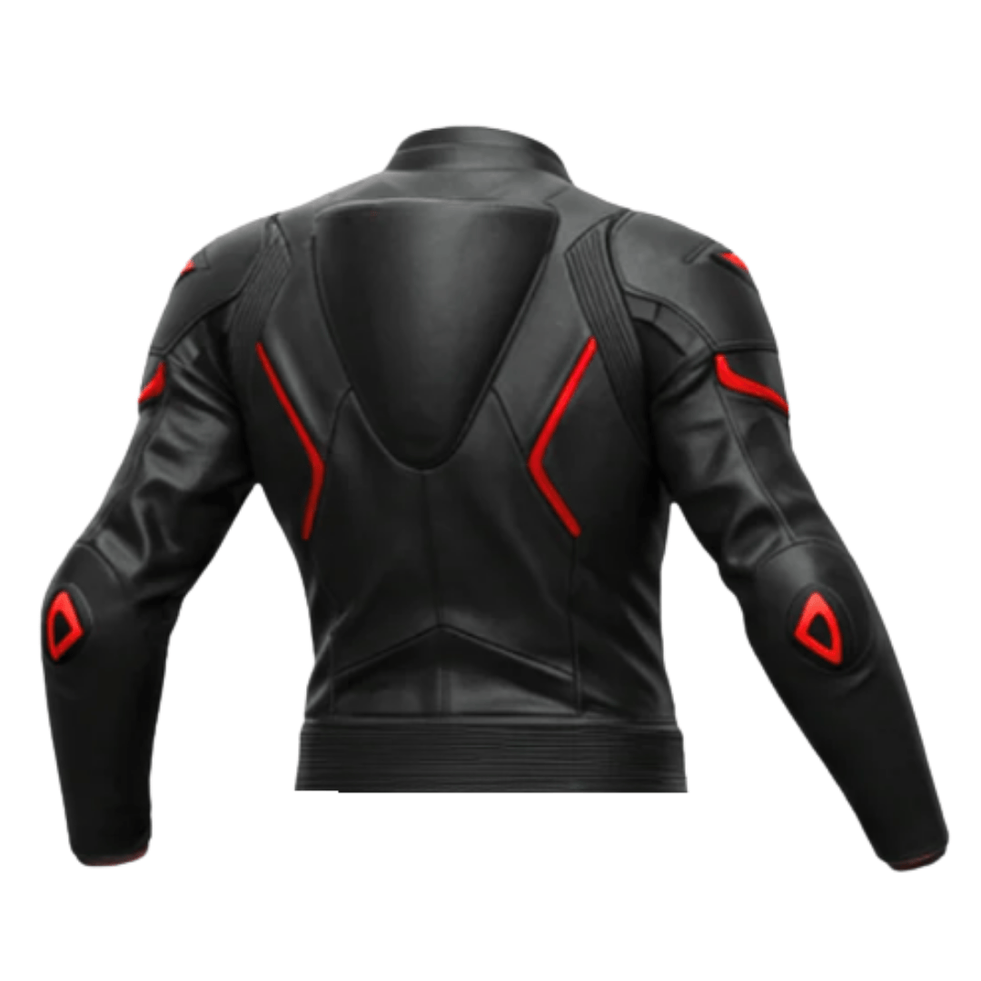 Black leather jacket with red accents on a white background