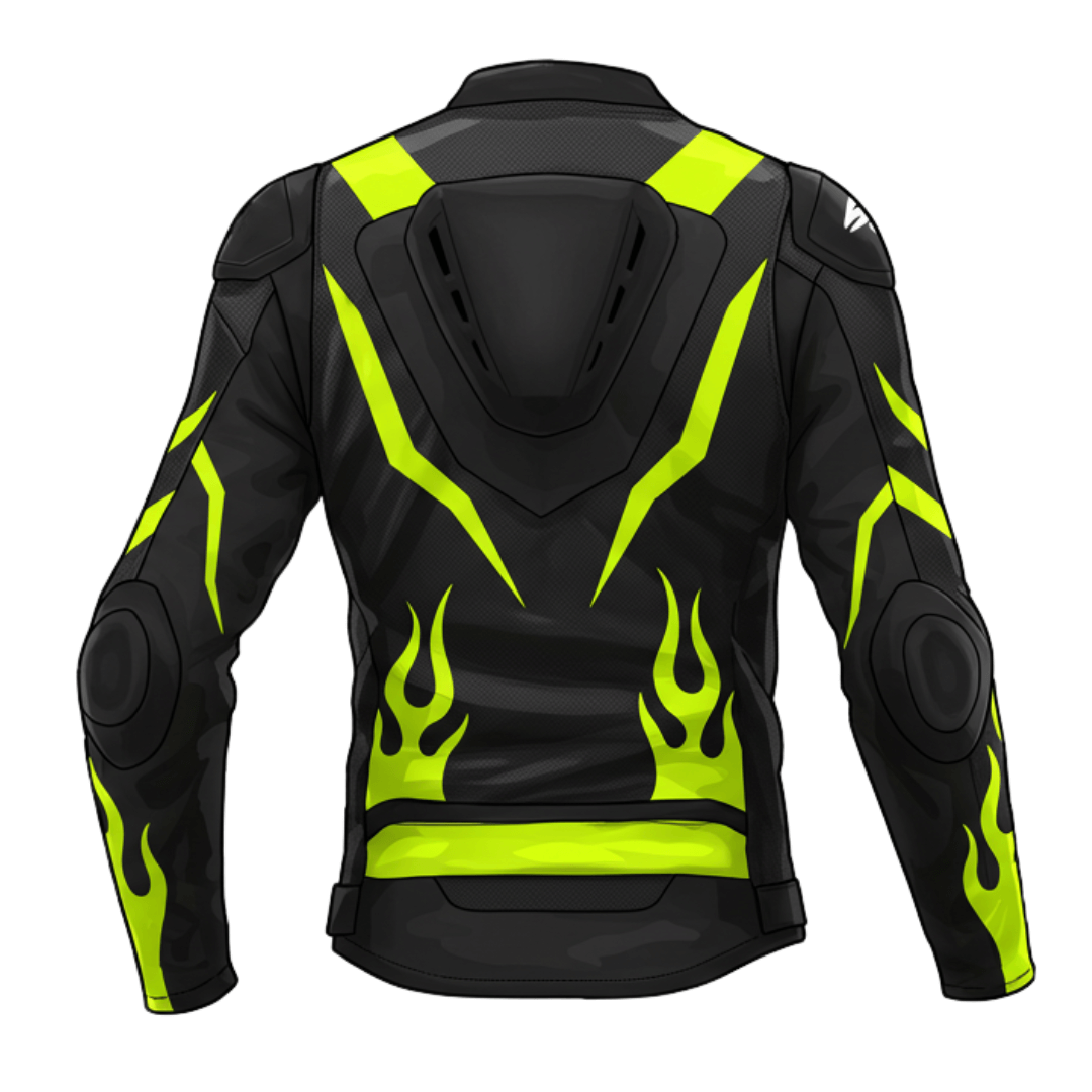 The back of a premium black motorcycle leather jacket with neon yellow flame graphics, angular highlights, and a protective back panel, designed for high-performance riding and enhanced visibility.