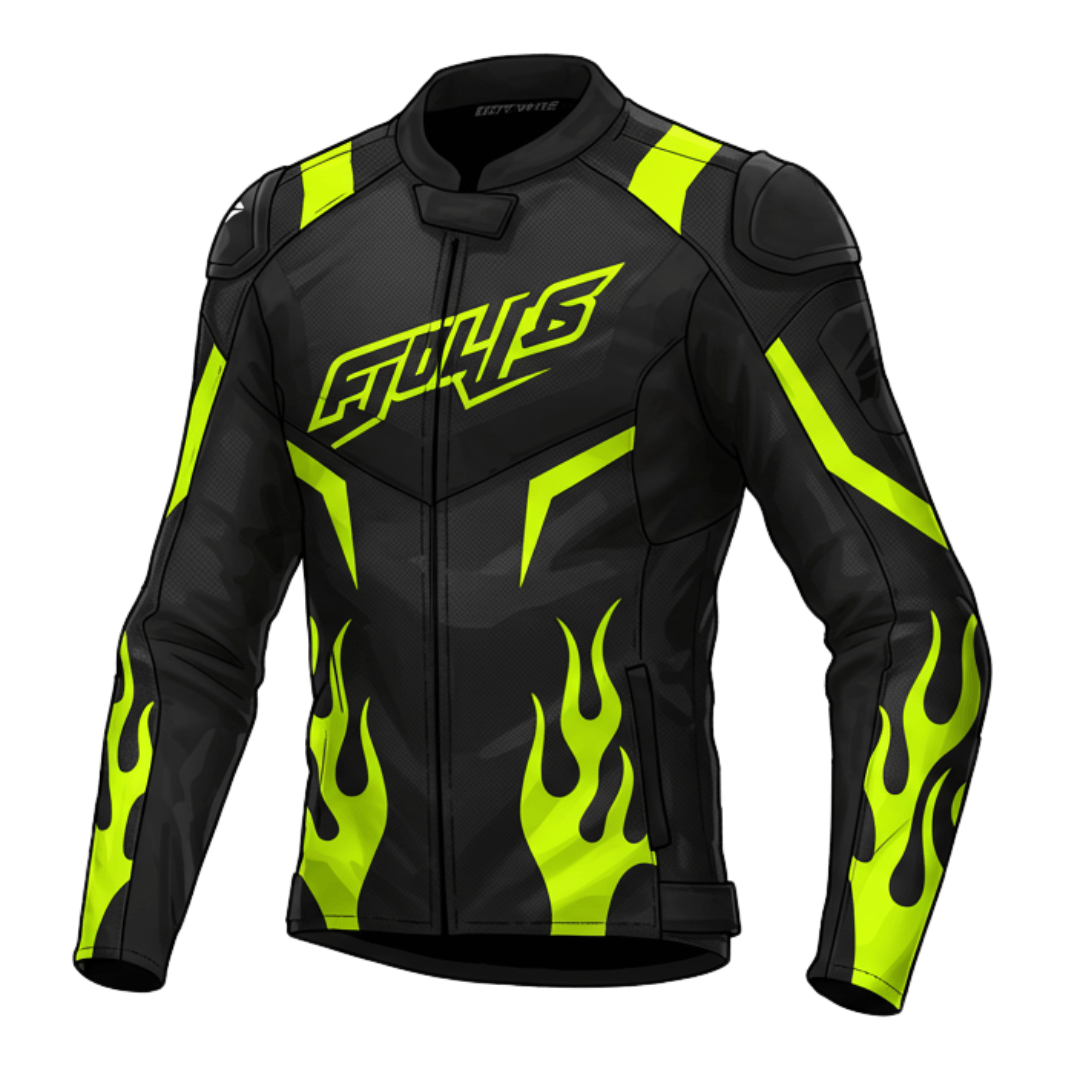 A high-quality black motorcycle leather jacket with neon yellow flame graphics and angular accents, featuring protective armor on the shoulders and elbows, a front zipper closure, and the word 'FURY' in bold lettering on the chest.