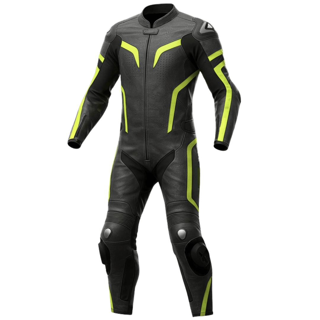 Black leather motorcycle suit with yellow accents on a white background