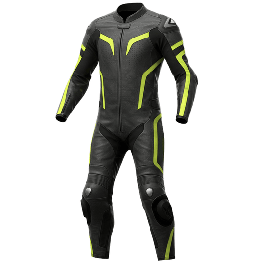 Black leather motorcycle suit with yellow accents on a white background
