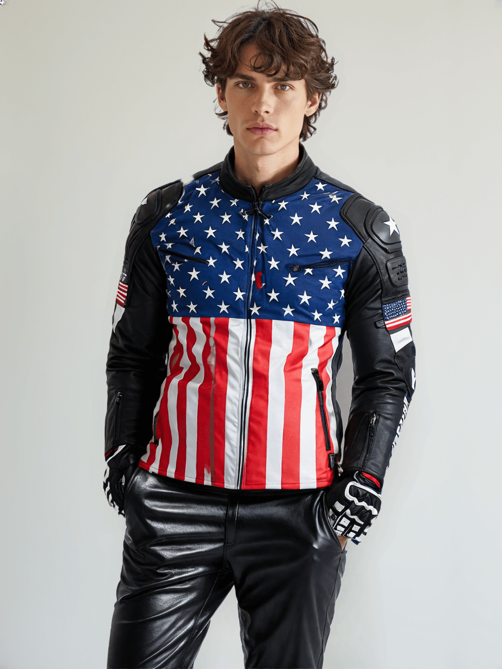 The rear of a high-performance biker jacket showcasing the American flag pattern, reinforced padding, and ergonomic stitching.