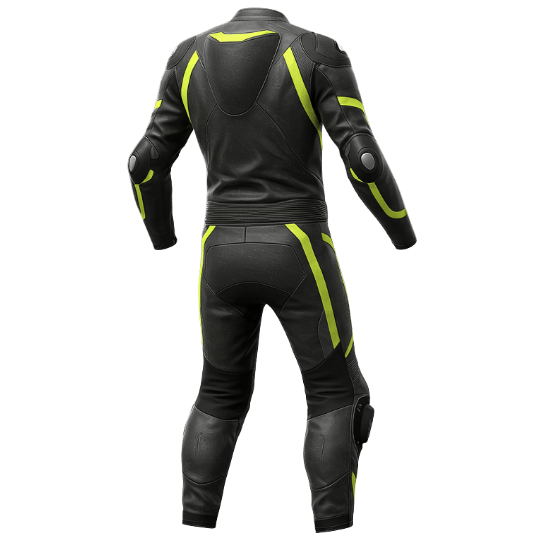 Black leather motorcycle suit with yellow accents on a white background