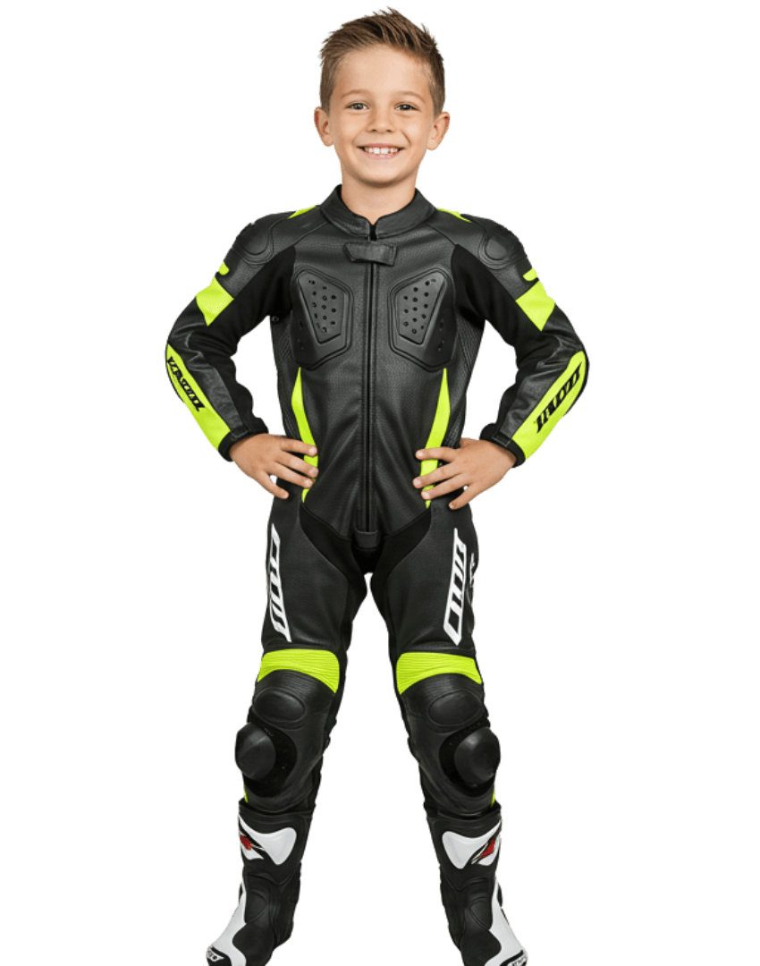 custom kids' motorcycle leather suits are designed with high-quality materials, expert craftsmanship, and a perfect fit for maximum protection and comfort.