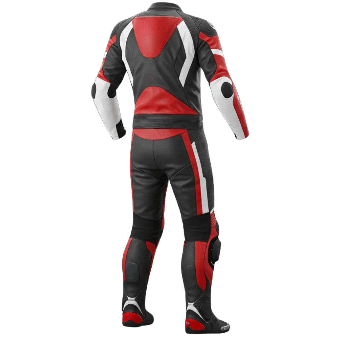 Black, red, and white motorcycle suit on a white background