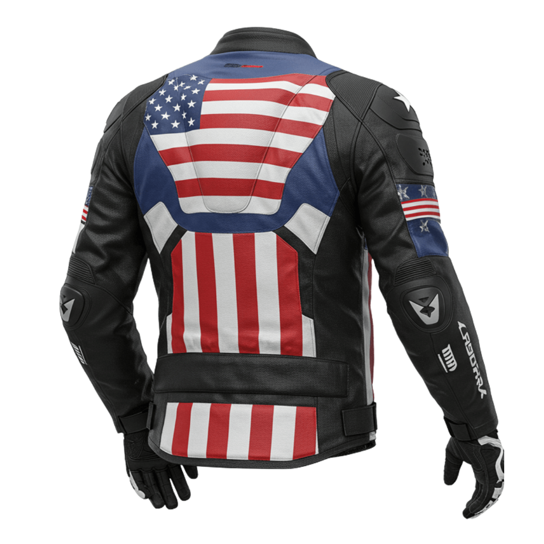 A stylish and protective motorcycle jacket with integrated armor, gloves, and a detailed red, white, and blue American flag design.