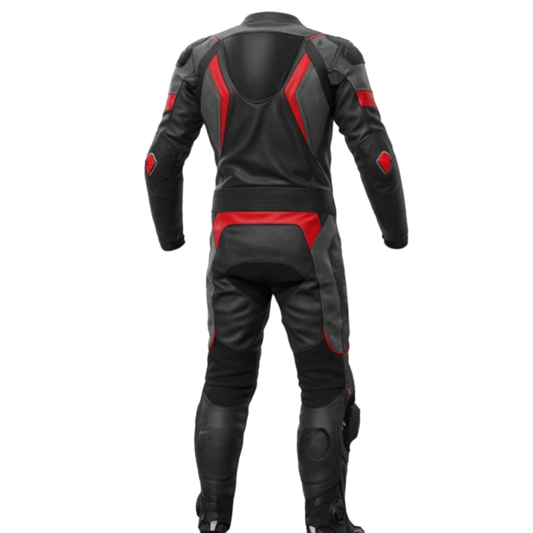Honda black motorcycle racing suit made from genuine leather with CE-approved armor.