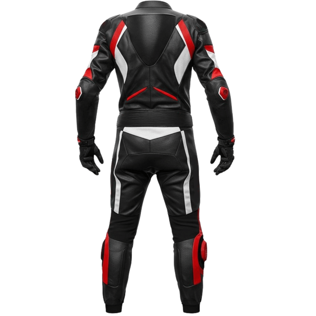 Black leather motorcycle suit with red and white accents on a white background