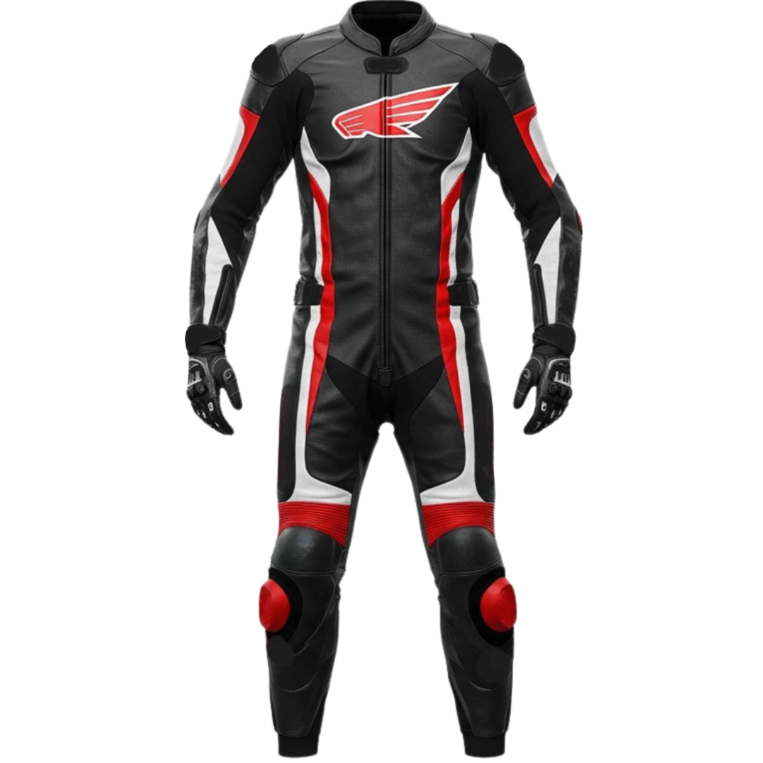 Honda leather motorcycle racing suit showing premium leather, CE armor, and ergonomic fit.