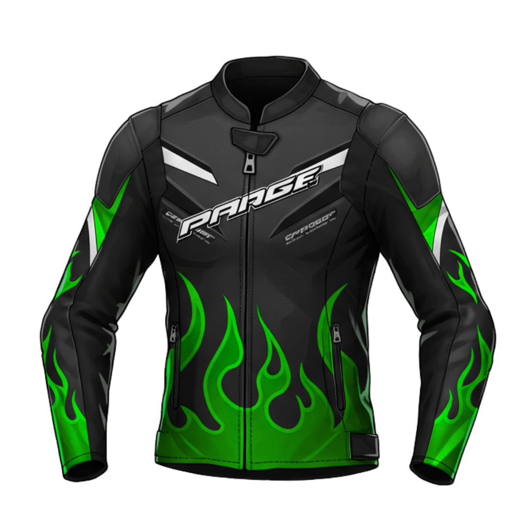 Front view of Kawasaki-inspired black and green leather motorcycle jacket with flame graphics and sporty design.