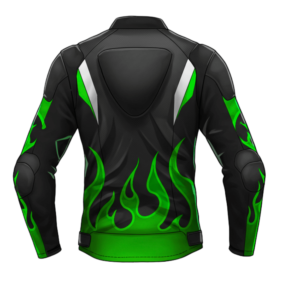 Back view of Kawasaki-themed motorcycle jacket featuring green flame accents and protective padding.