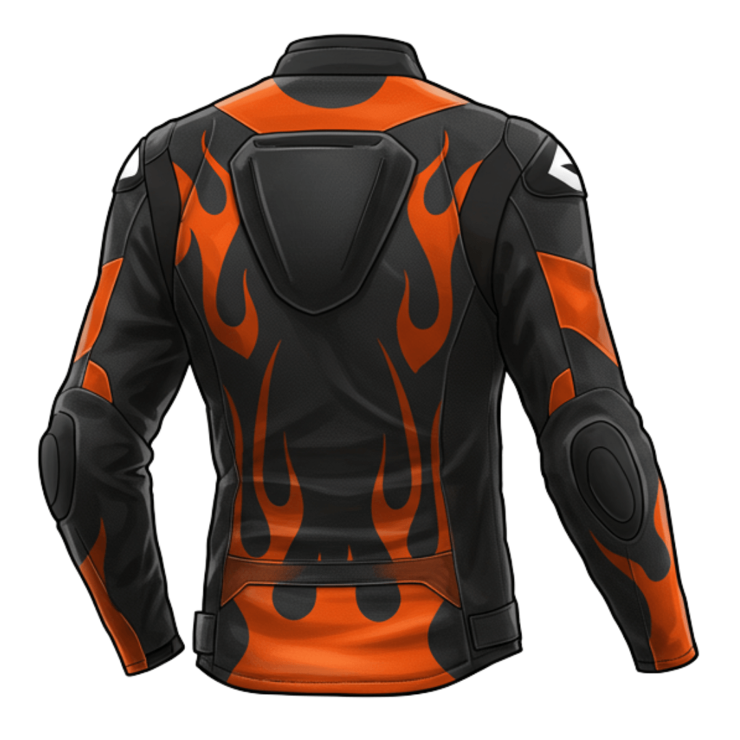 Back view of black and orange motorcycle leather jacket featuring flame graphics.