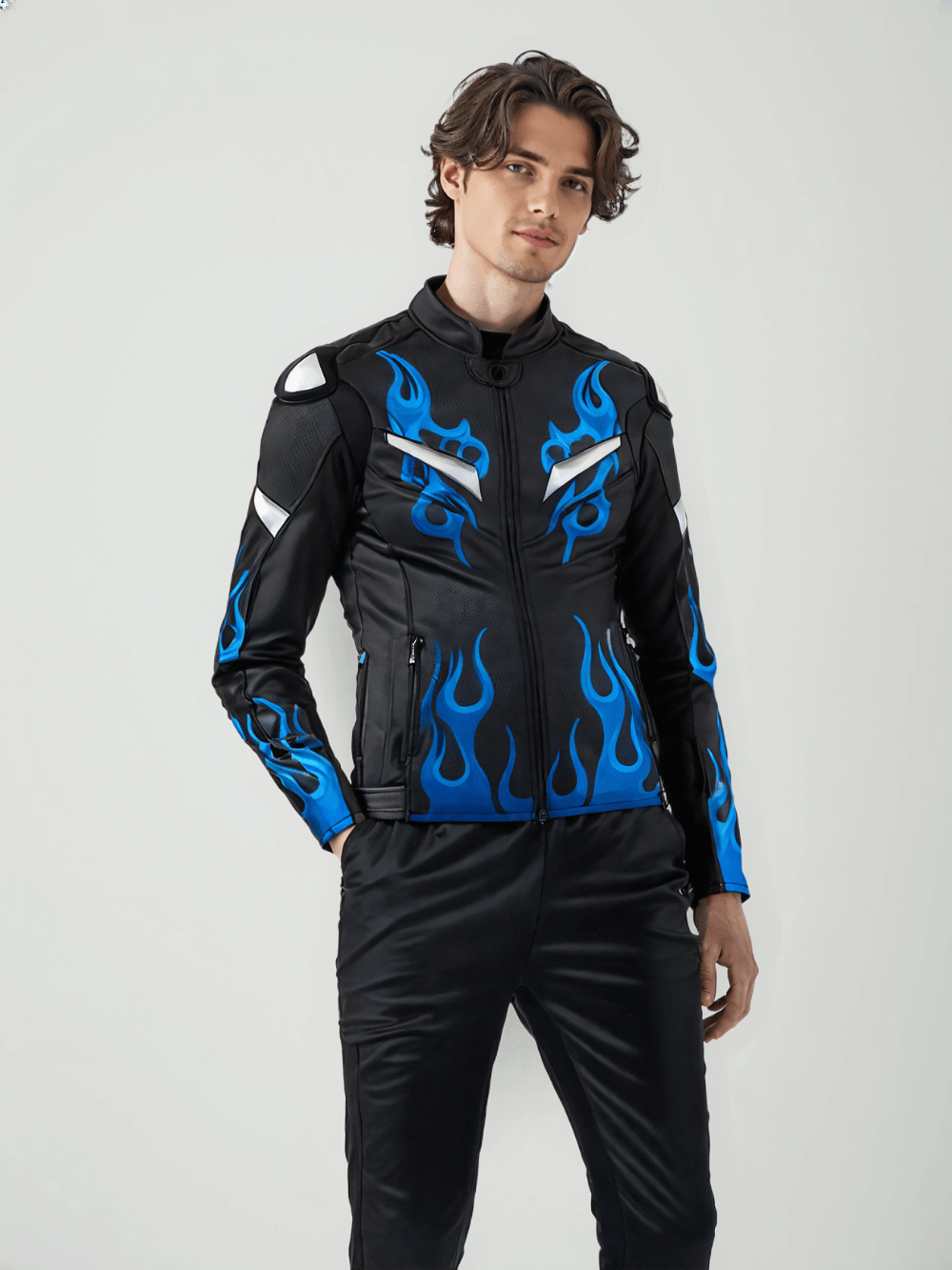 Honda Black motorcycle jacket with a bold blue flame motif on the sleeves, designed for a stylish and protective riding experience.