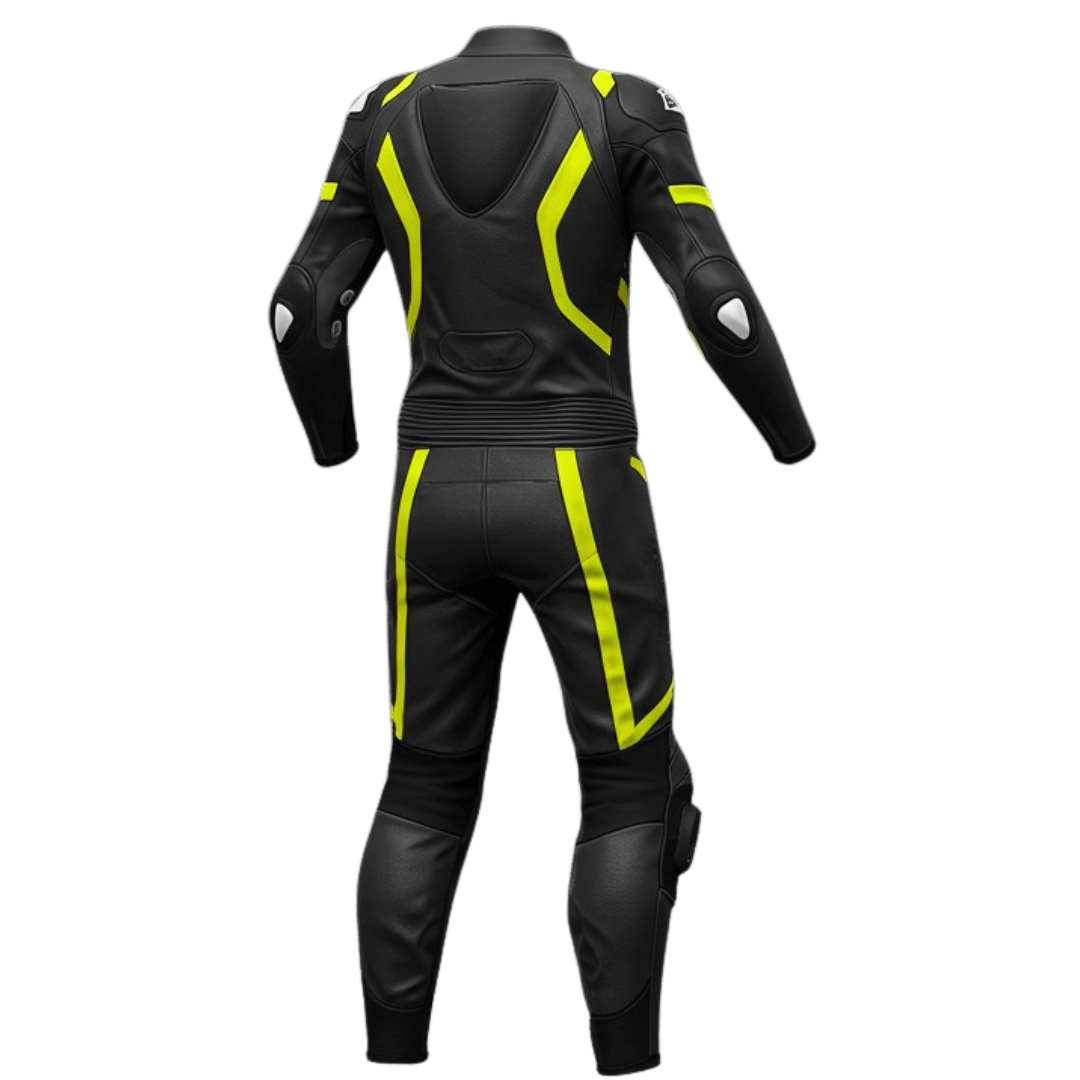 Professional fit neon yellow motorcycle race suit in top-grain cowhide leather with 3D air vent panel