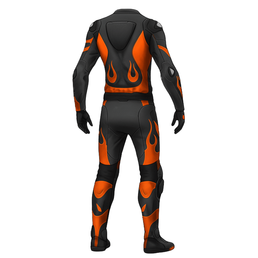 Black and orange flame-patterned motorcycle suit on a white background